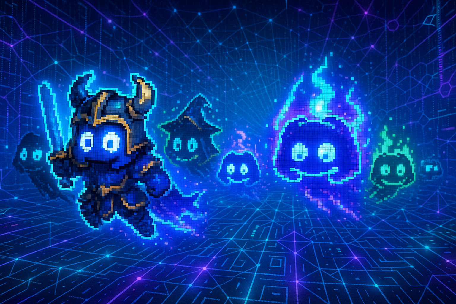 army of discord logos flying through cyberweb, they are video game character inspired